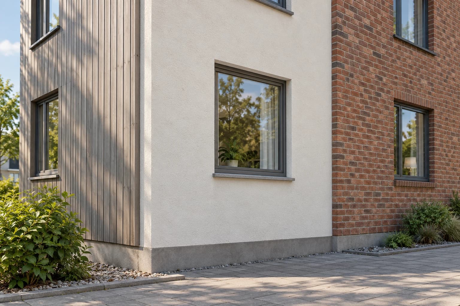 Illustrasjon av malt tre, pusset fasade og tegl på en boligbygning
