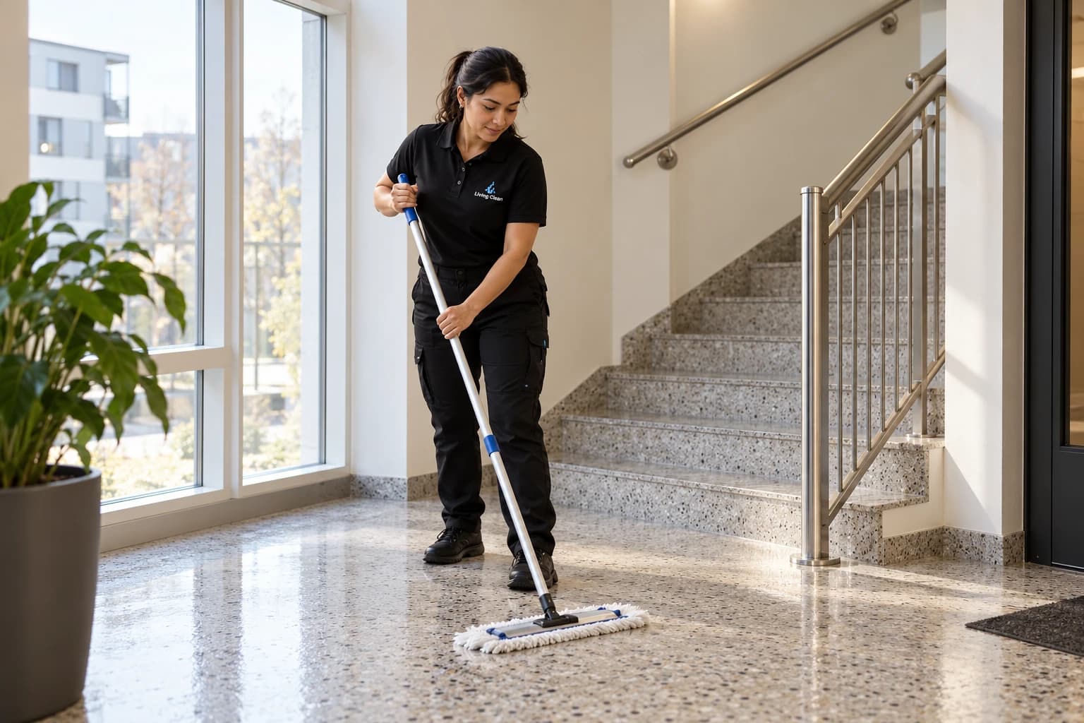 KI-illustrasjon av renholder i Living Clean-uniform som mopper en lys trappeavsats