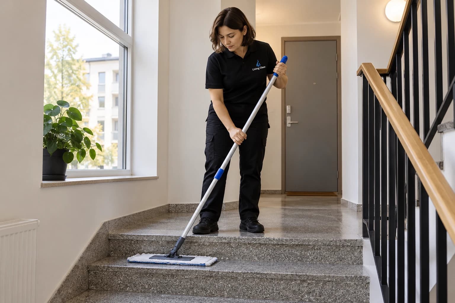 KI-illustrasjon av trappevask med flatmopp i en lys boligoppgang