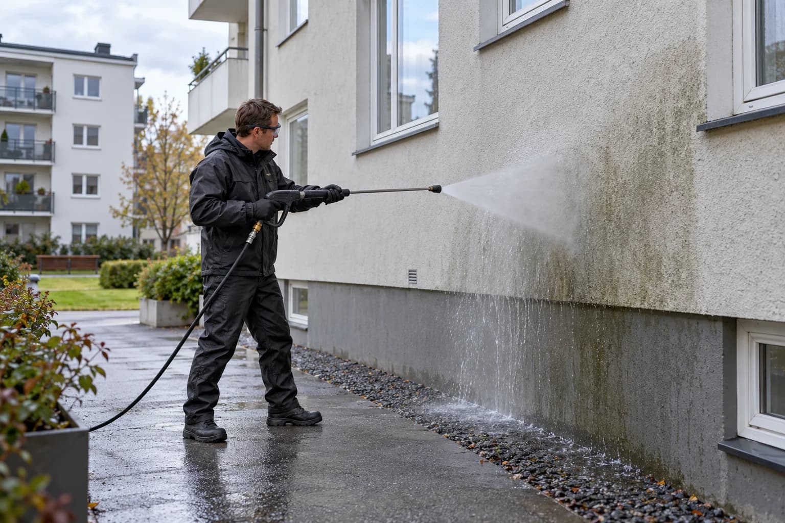 KI-illustrasjon av rengjøring av en pusset fasade med spylelanse og vann