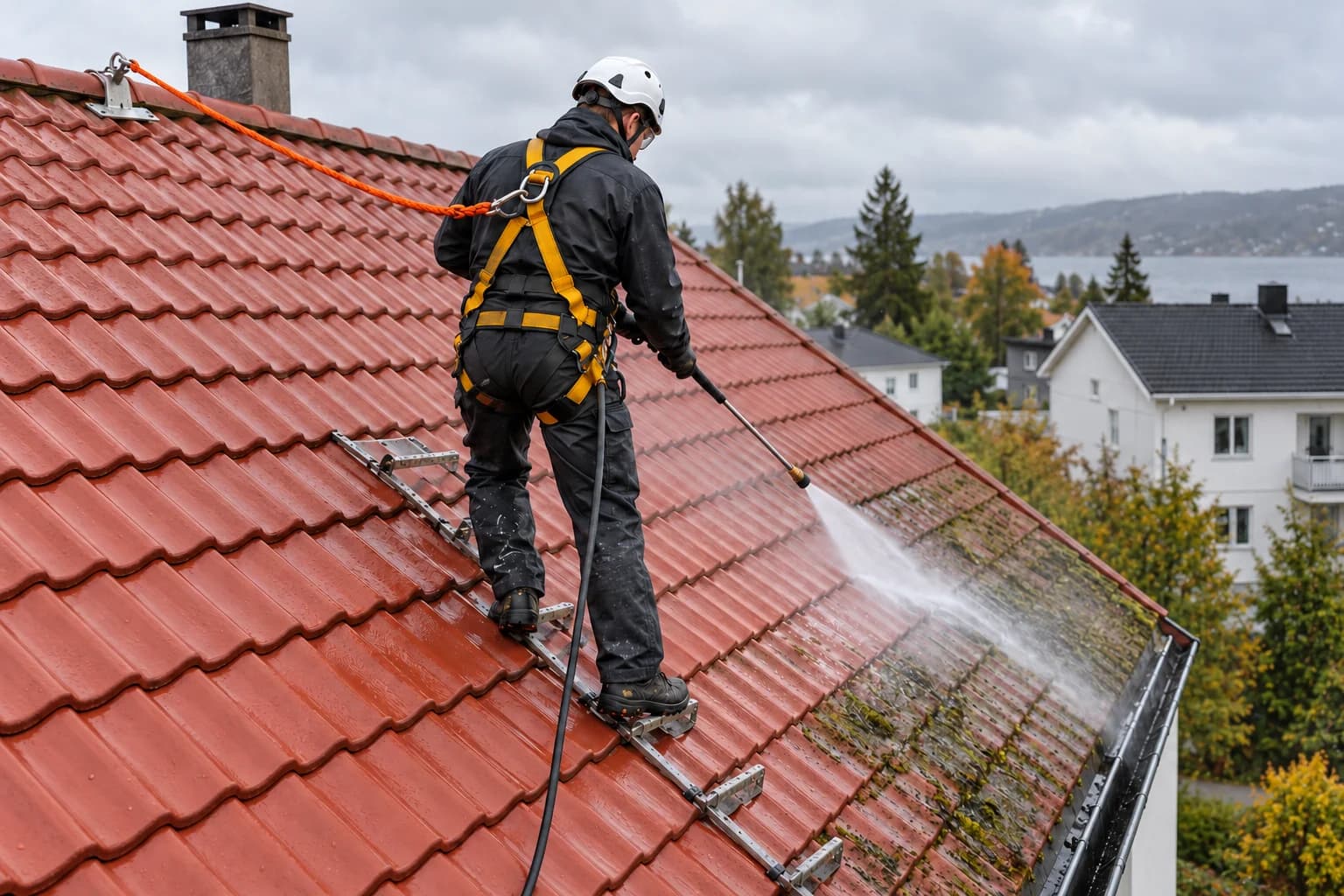 KI-illustrasjon av vask av rødt tak med sele og synlig sikringsline til et takanker
